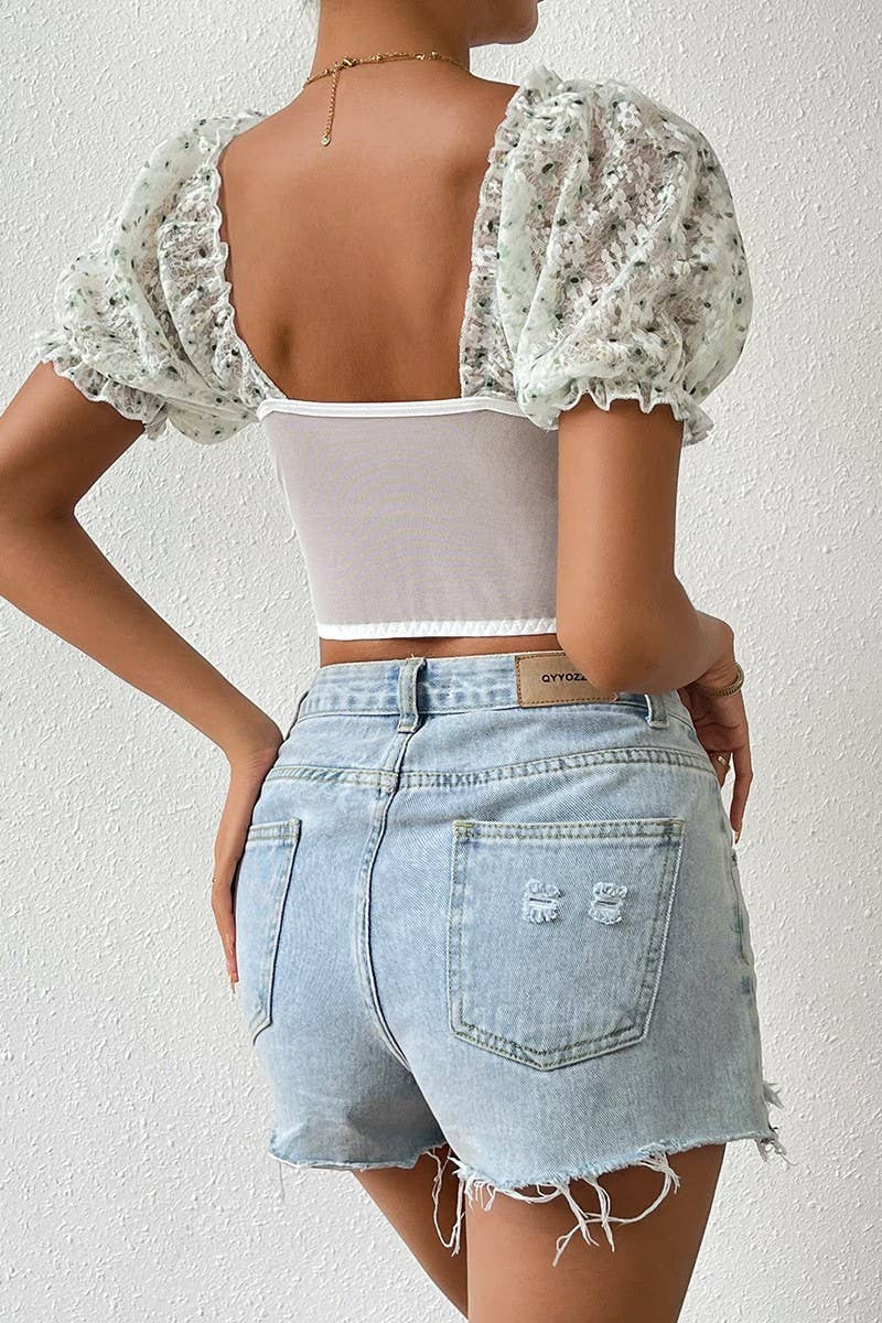 CWTBLS1639_PRINTED BUTTON-DOWN CARDIGAN LOW-CUT BACKLESS TOP