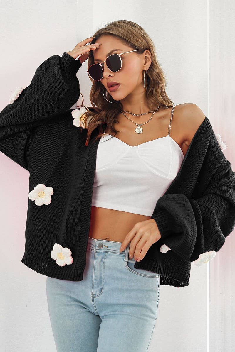 CWOCAL1182_EMBROIDERED FLOWER LANTERN SLEEVE KNIT CARDIGAN