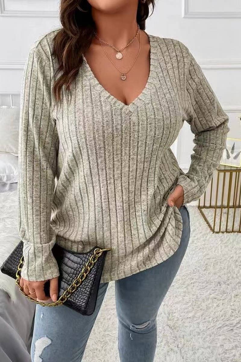 CWTTL1961_SPRING AND AUTUMN V-NECK LARGE SIZE RIBBED TOP