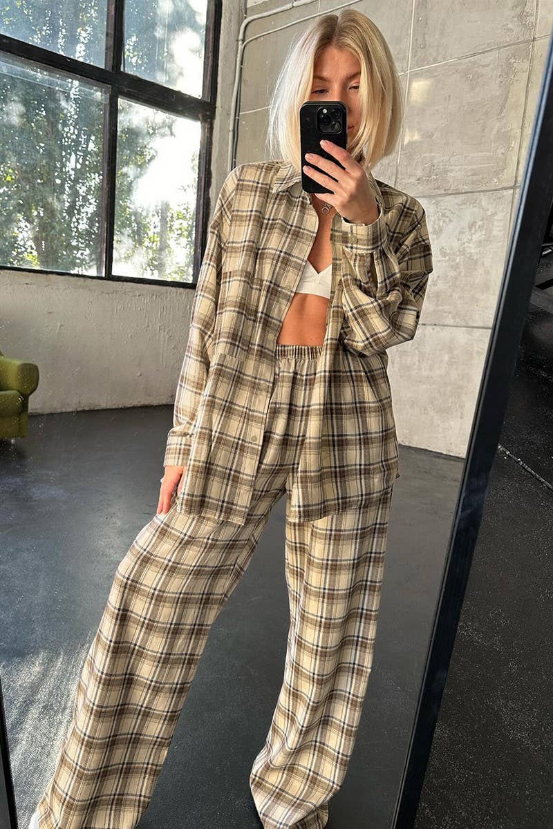 CWSPJ0212_PLAID CARDIGAN PAJAMAS TWO-PIECE HOME WEAR SET