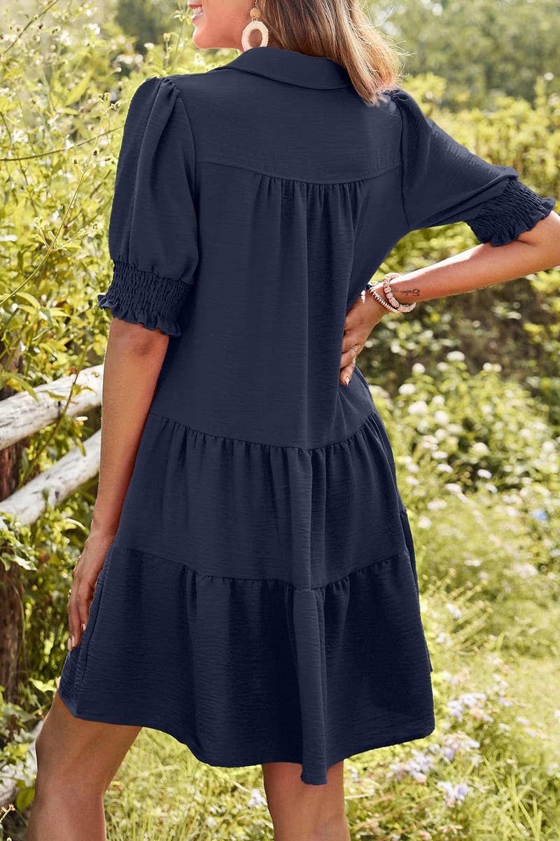 CWDSD7572_SUMMER PLEATED V-NECK SOLID COLOR SLEEVE DRESS