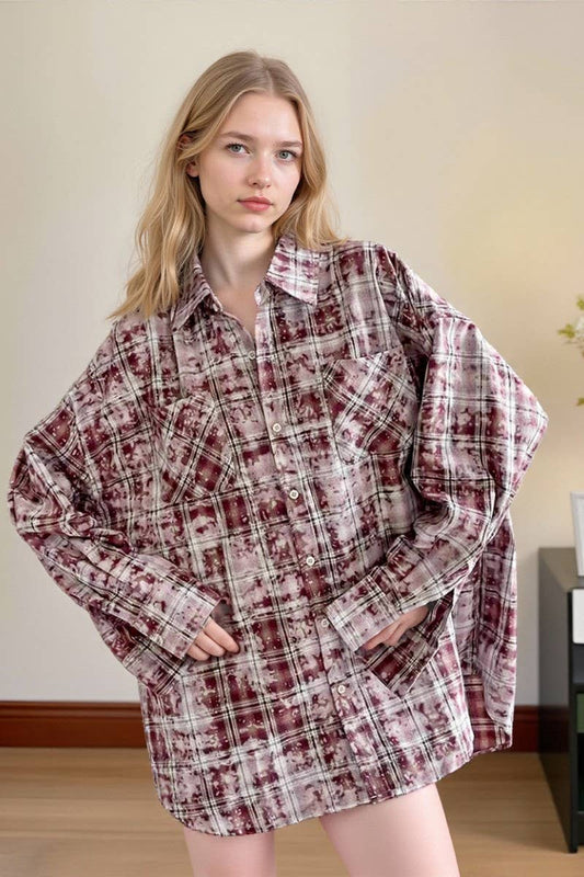 CWTBLL00582_VINTAGE DISTRESSED PLAID LONG-SLEEVED SHIRT