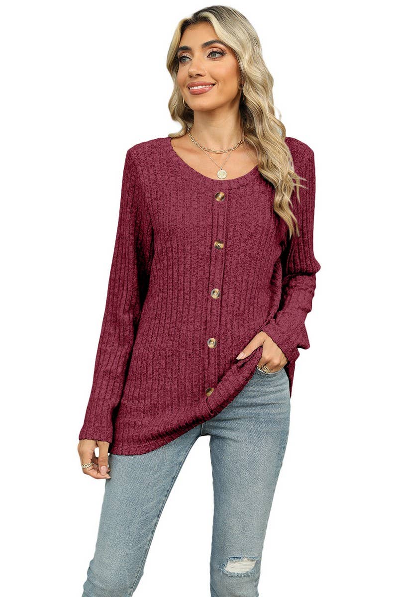 CWOSWL6831_SINGLE-BREASTED ROUND NECK LONG-SLEEVED LOOSE TOP