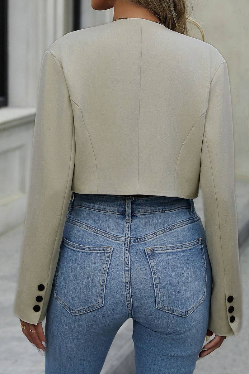 CWOCO0377_SHORT V-NECK SOLID COLOR SINGLE BUTTON SUIT JACKE