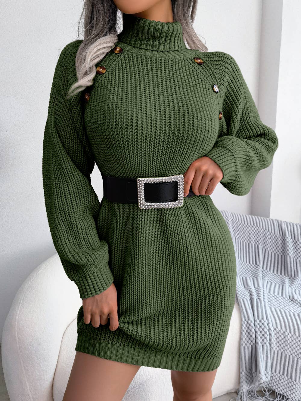 BUTTON-UP TURTLENECK LONG-SLEEVED SWEATER DRESS