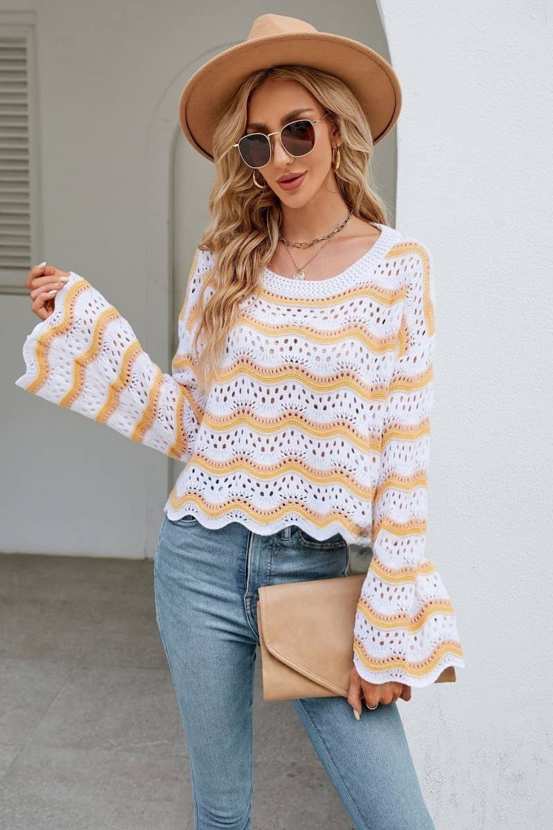 CWOSWL603 Flare Sleeved Round neck Hollowed Out Sweater