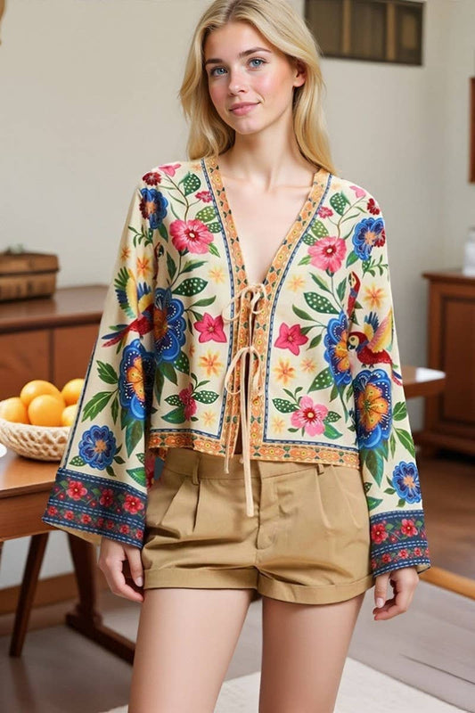 CWTBLL00636_CASUAL PRINTED TIE FRONT VACATION CARDIGAN TOP