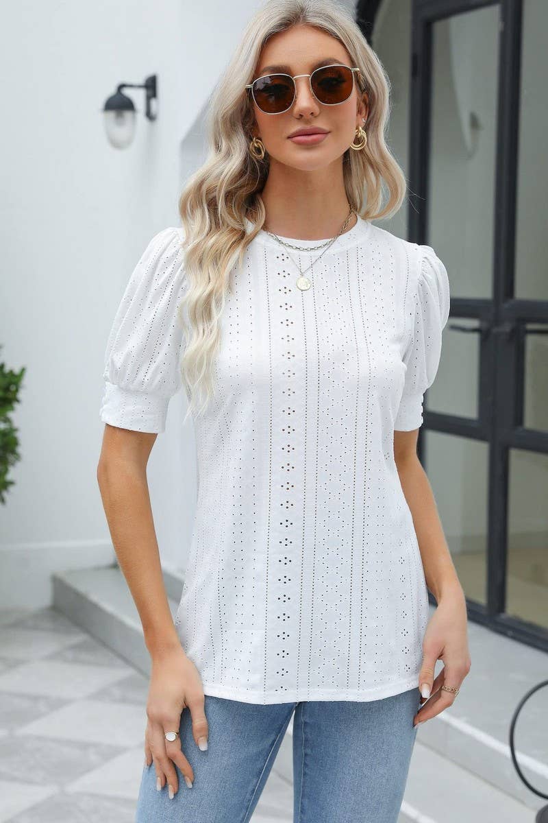 CWTBLS1599_ROUND NECK SOLID COLOR HOLLOW SHORT SLEEVE TOP