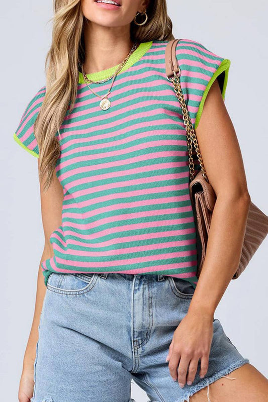 CWTTS1361_SUMMER CREW NECK CASUAL STRIPED KNITTED TOP
