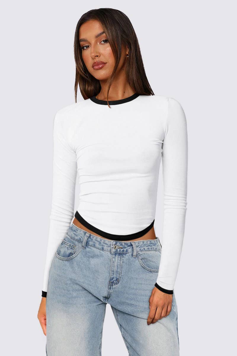 CWTBLL3751_ROUND NECK CONTRAST COLOR LONG SLEEVE TOP