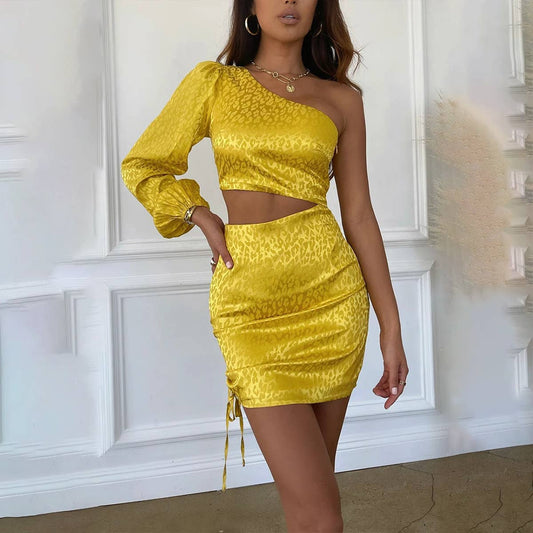 DARK PRINT ONE-SHOULDER DRAWSTRING SHORT DRESS