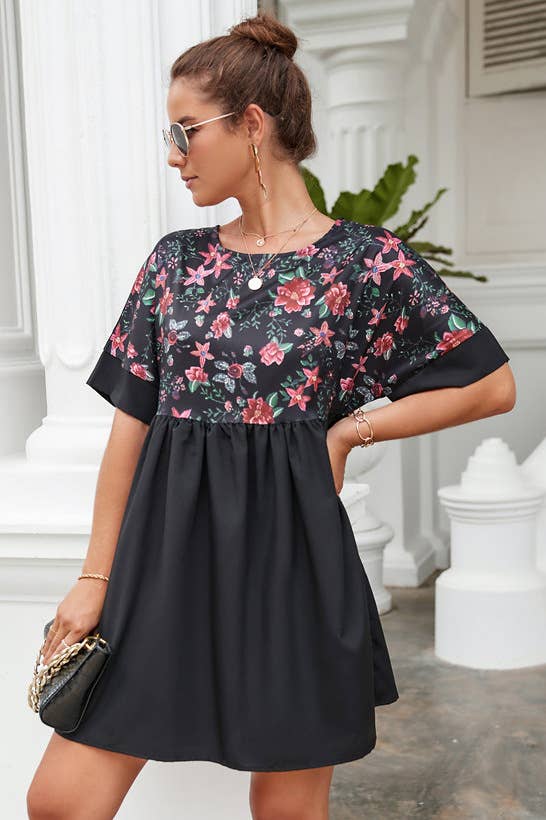 CREW NECK PRINT PATCHWORK LOOSE SHORT DRESS