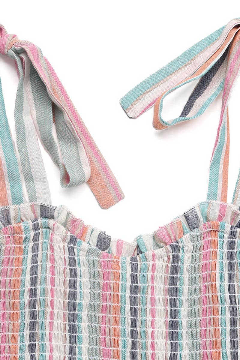 CWDMD5325_RAINBOW STRIPED TIE BACK SPAGHETTI STRAP DRESS