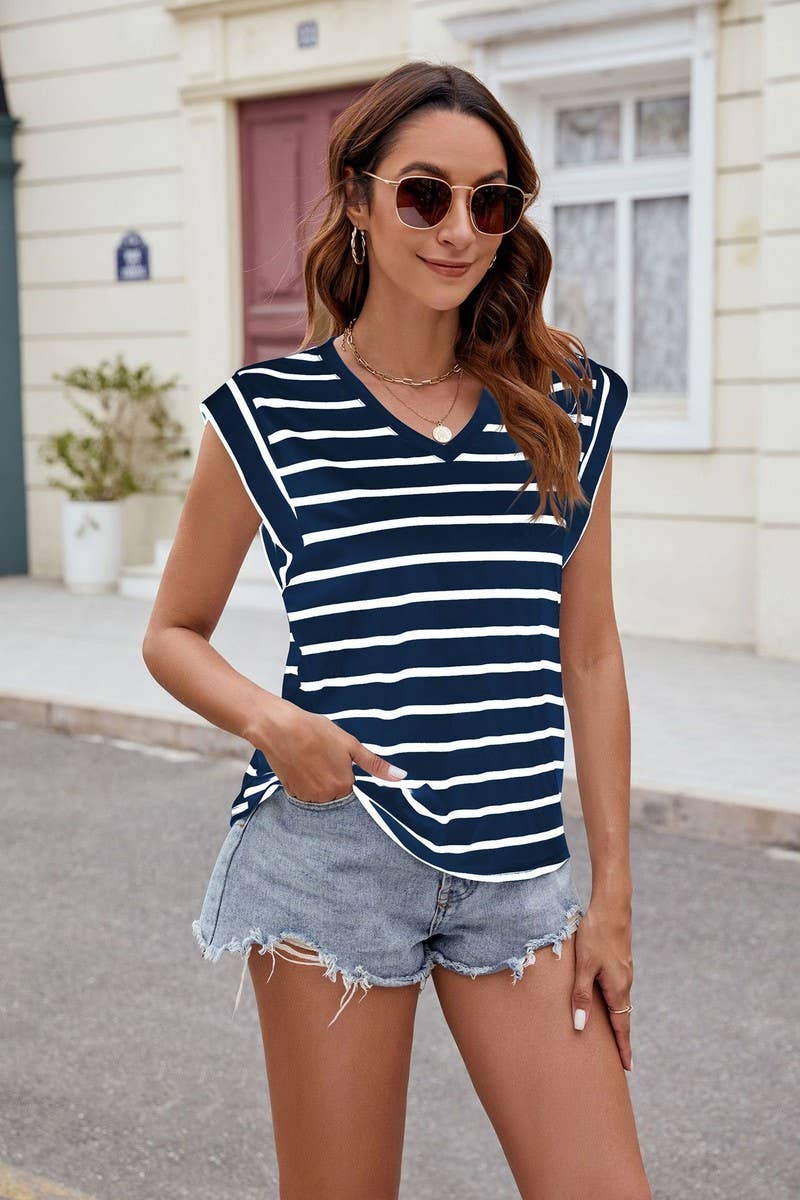 CWTBLS0863_V-NECK FLYING SLEEVE STRIPED CASUAL T-SHIRT VEST