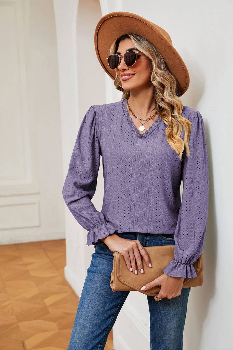 CWTBLL2394_V-NECK LONG-SLEEVED HOLLOW LACE PATCHWORK TOP