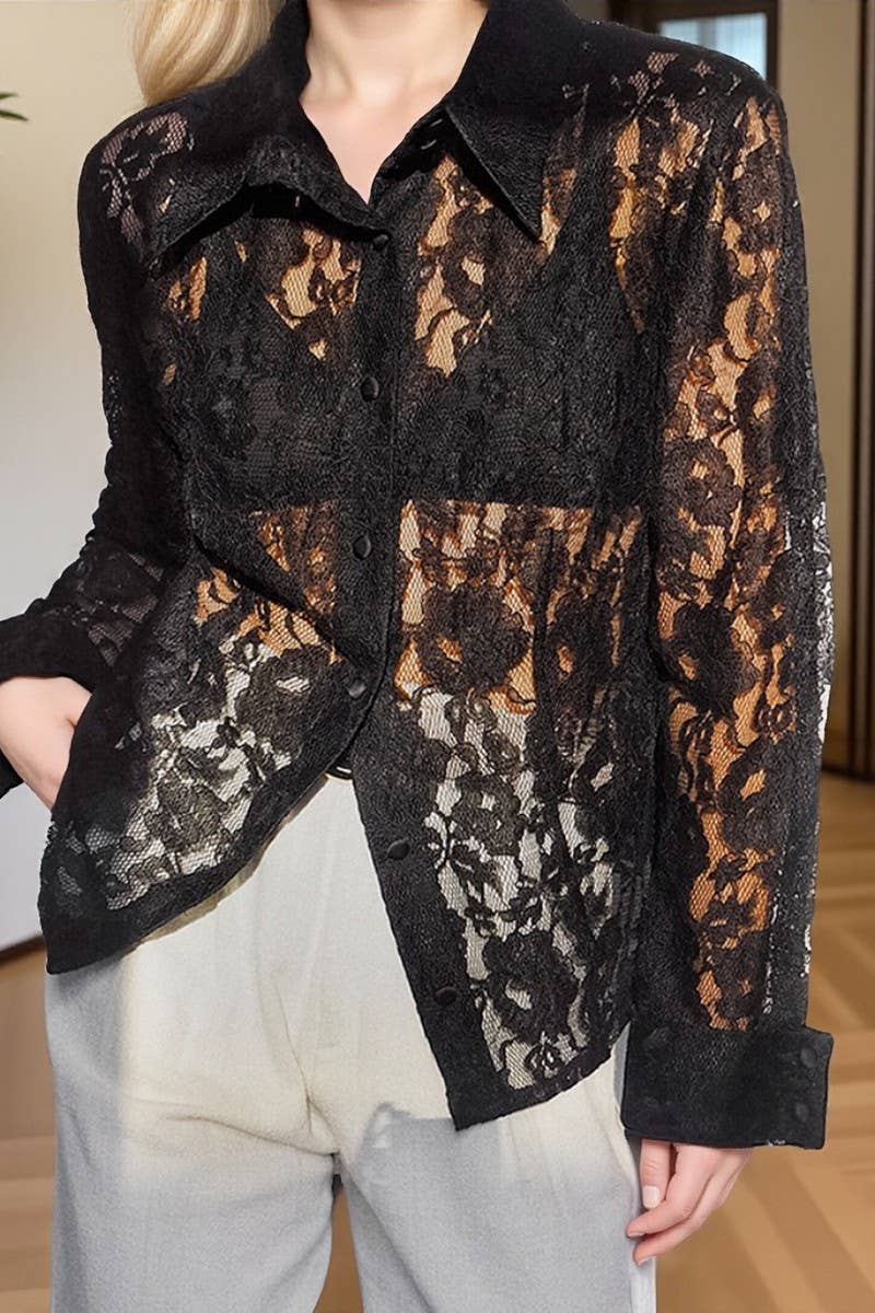 CWTSTL897_SOLID COLOR HOLLOW JACQUARD LONG-SLEEVED SHIRT