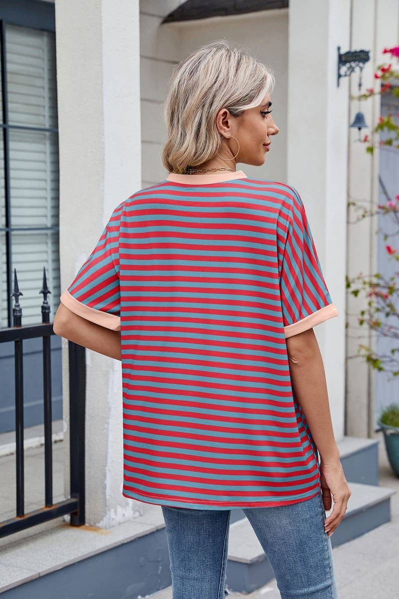 CWTTS1299_LOOSE STRIPED COLORBLOCK CREW NECK T-SHIRT TOP
