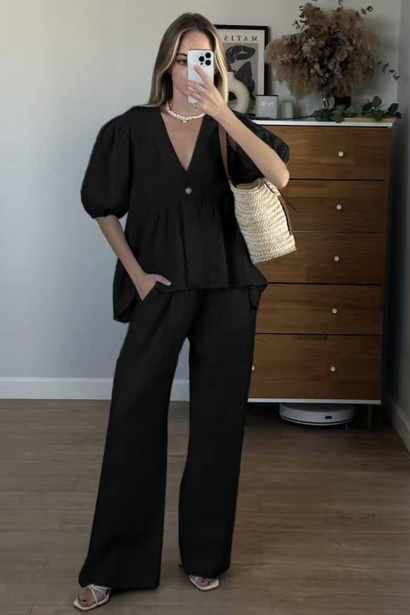 CWSTB00376_V-NECK PUFF SHORT-SLEEVED LACE-UP TROUSERS SUIT