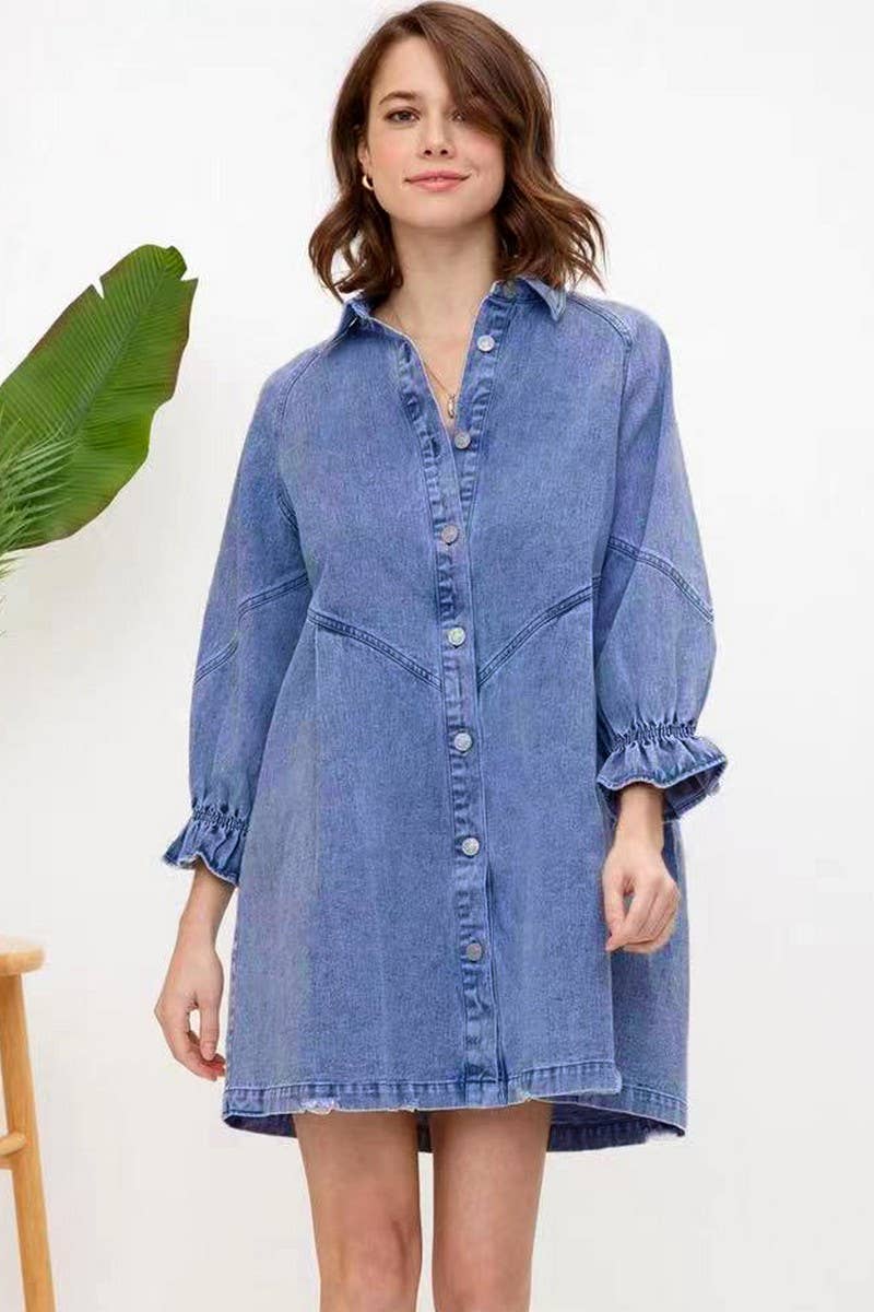 CWJT0026_CASUAL 3/4 SLEEVE BUTTON DOWN DENIM T-SHIRT DRESS