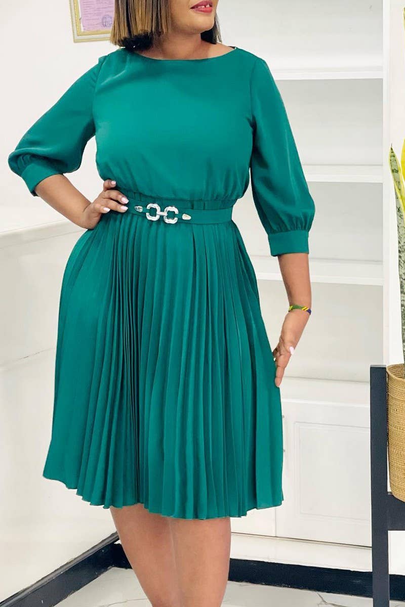 CWDMD01270_2025 ELEGANT PLEATED ROUND NECK MIDI DRESS