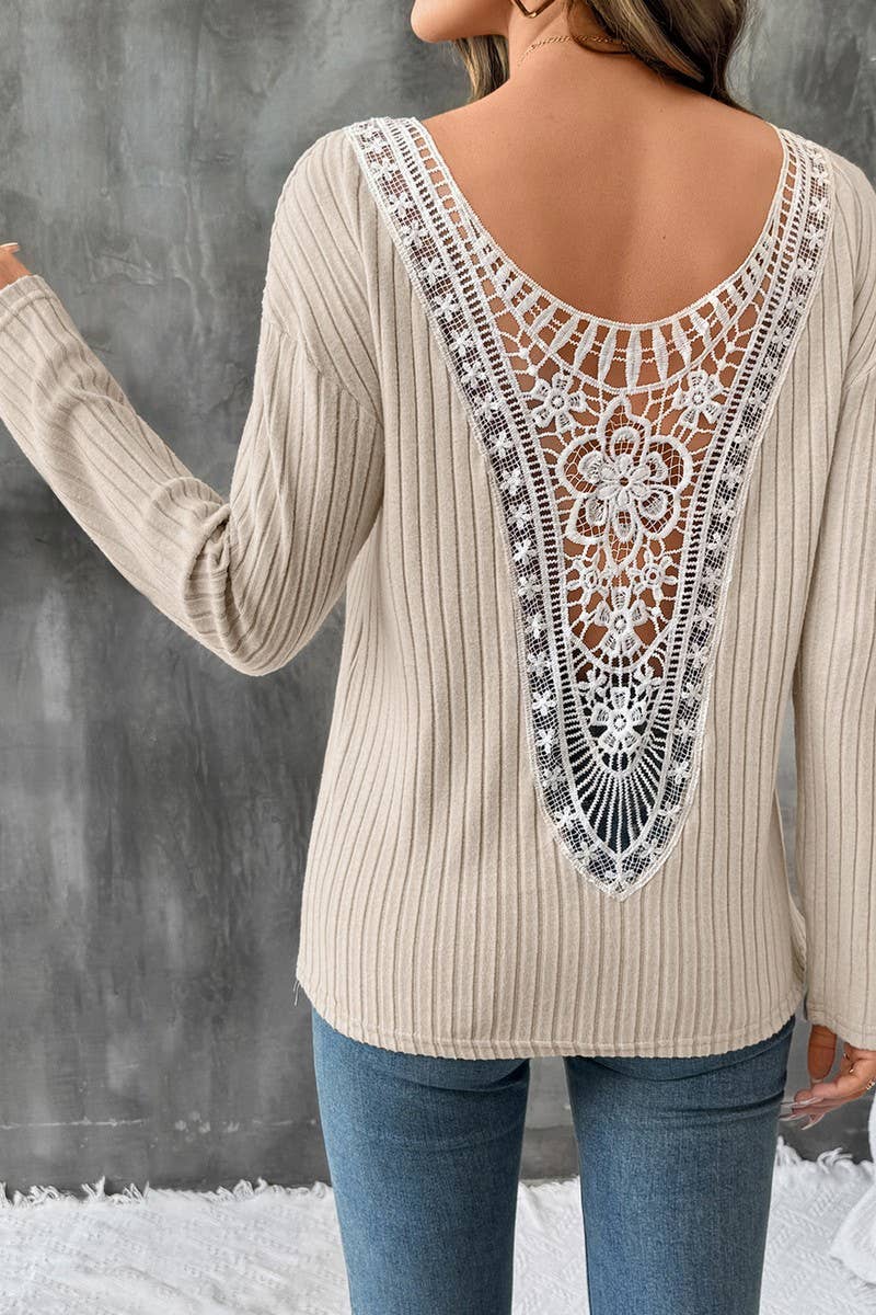 CWTBLL00769_LACE BACK LONG SLEEVE KNIT CASUAL PULLOVER TOP
