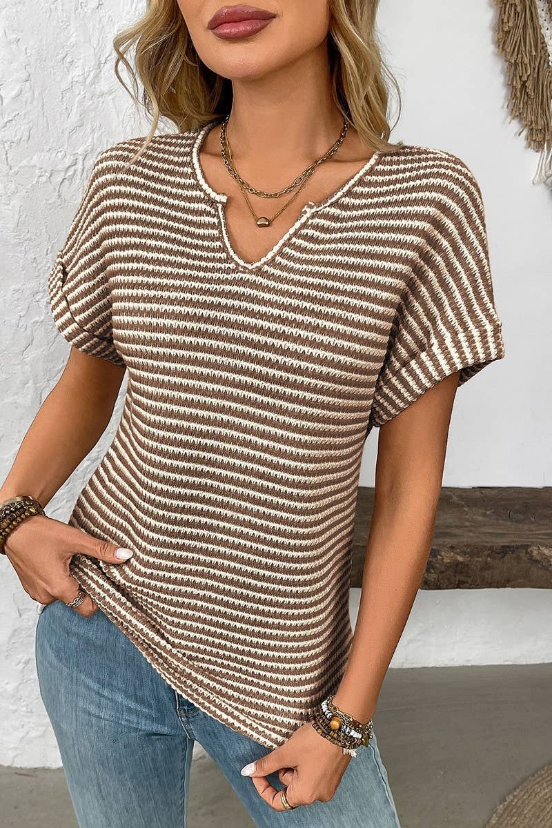 CWTBLS1622_V-NECK LOOSE STRIPED PULLOVER SHORT-SLEEVED TOP