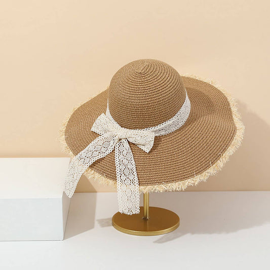 Summer Fashion Bow Ribbon Wide Brim Straw Hat_CWAH3473
