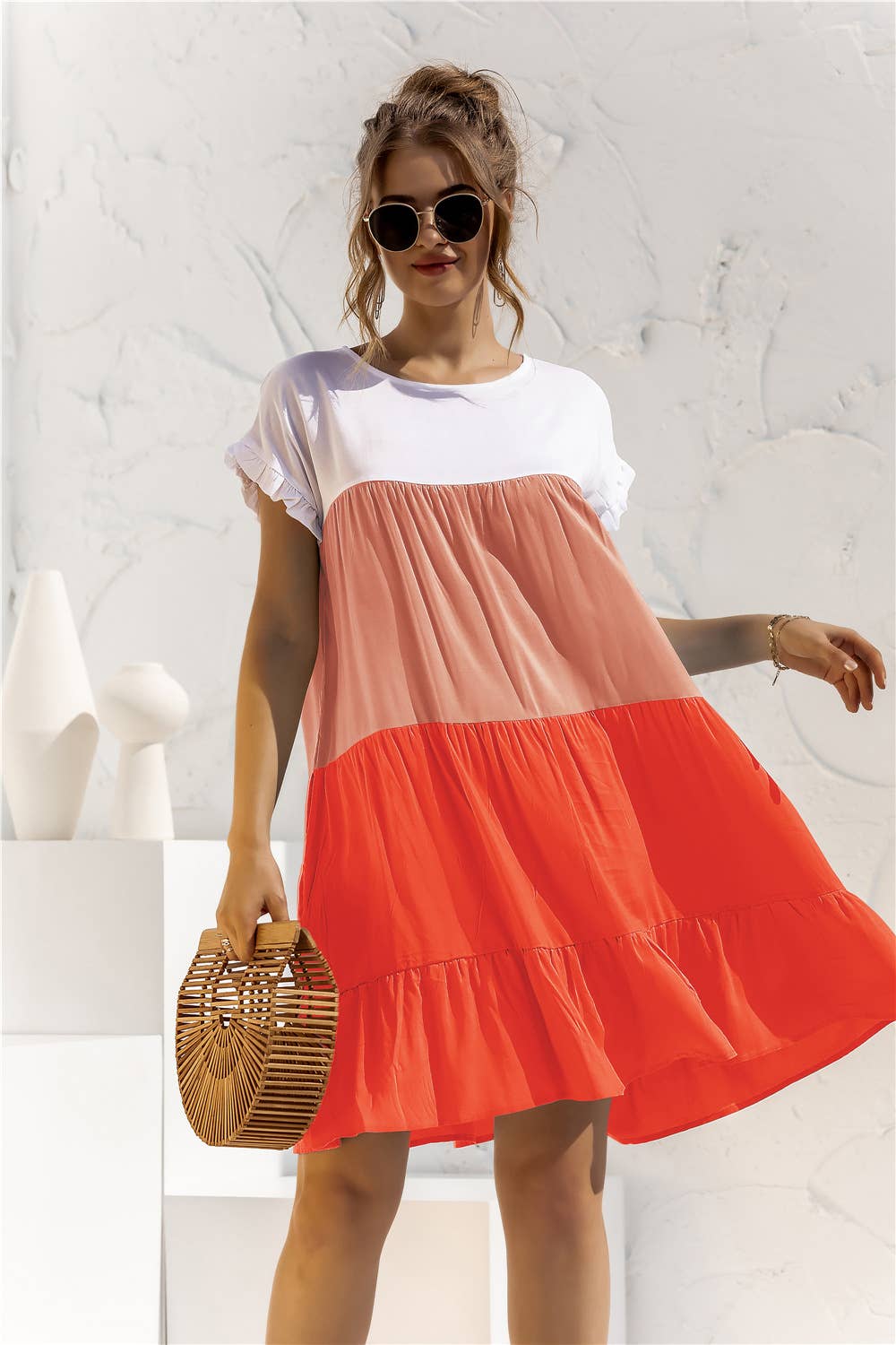 Color contrast baggy cake multi-layer hem dress