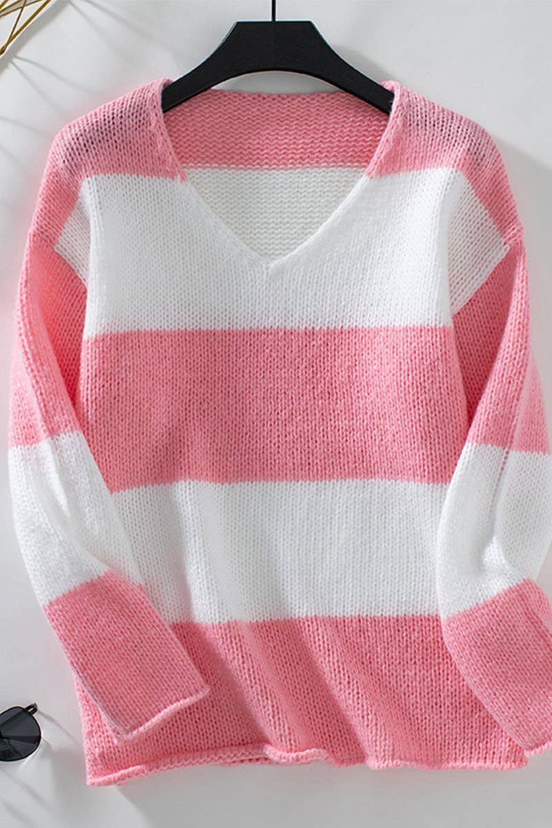 CWOSWL2930_STRIPED V-NECK OFF-THE-SHOULDER KNITTED SWEATER