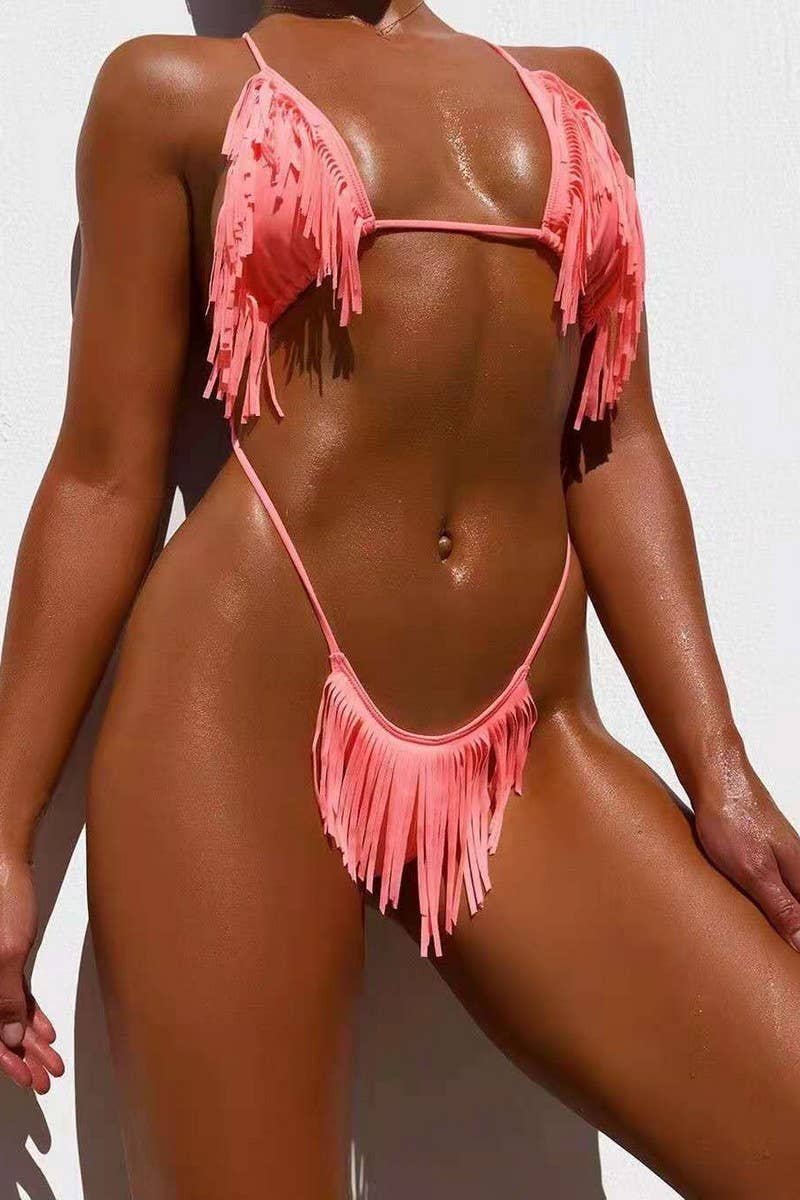 CWMW0848_SOLID COLOR TASSEL TIE ONE-PIECE SEXY SWIMSUIT
