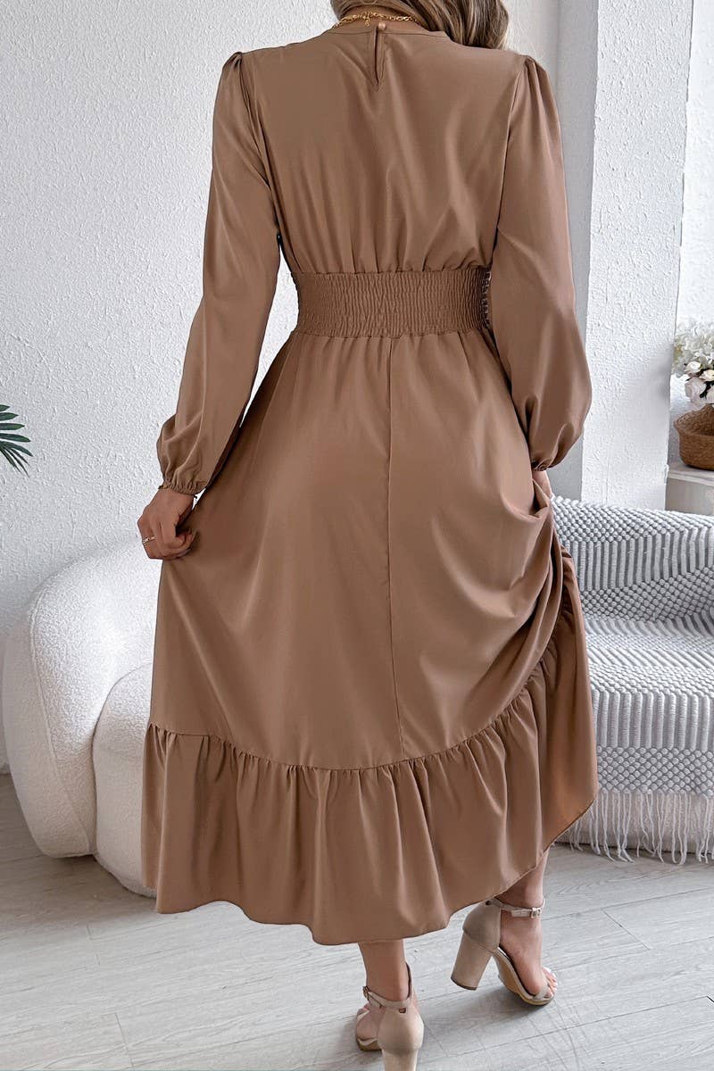 CWDMD6024_SOLID ELEGANT RUFFLE WAIST PLEATED MAXI DRESS