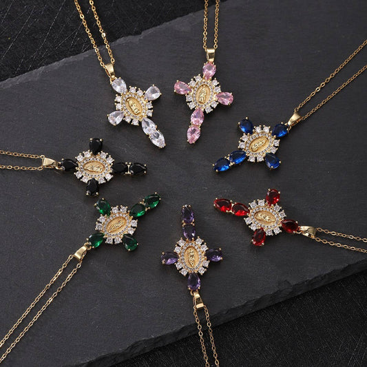 Zirconia Pendant Virgin Mary Cross Necklace_CWMM5867
