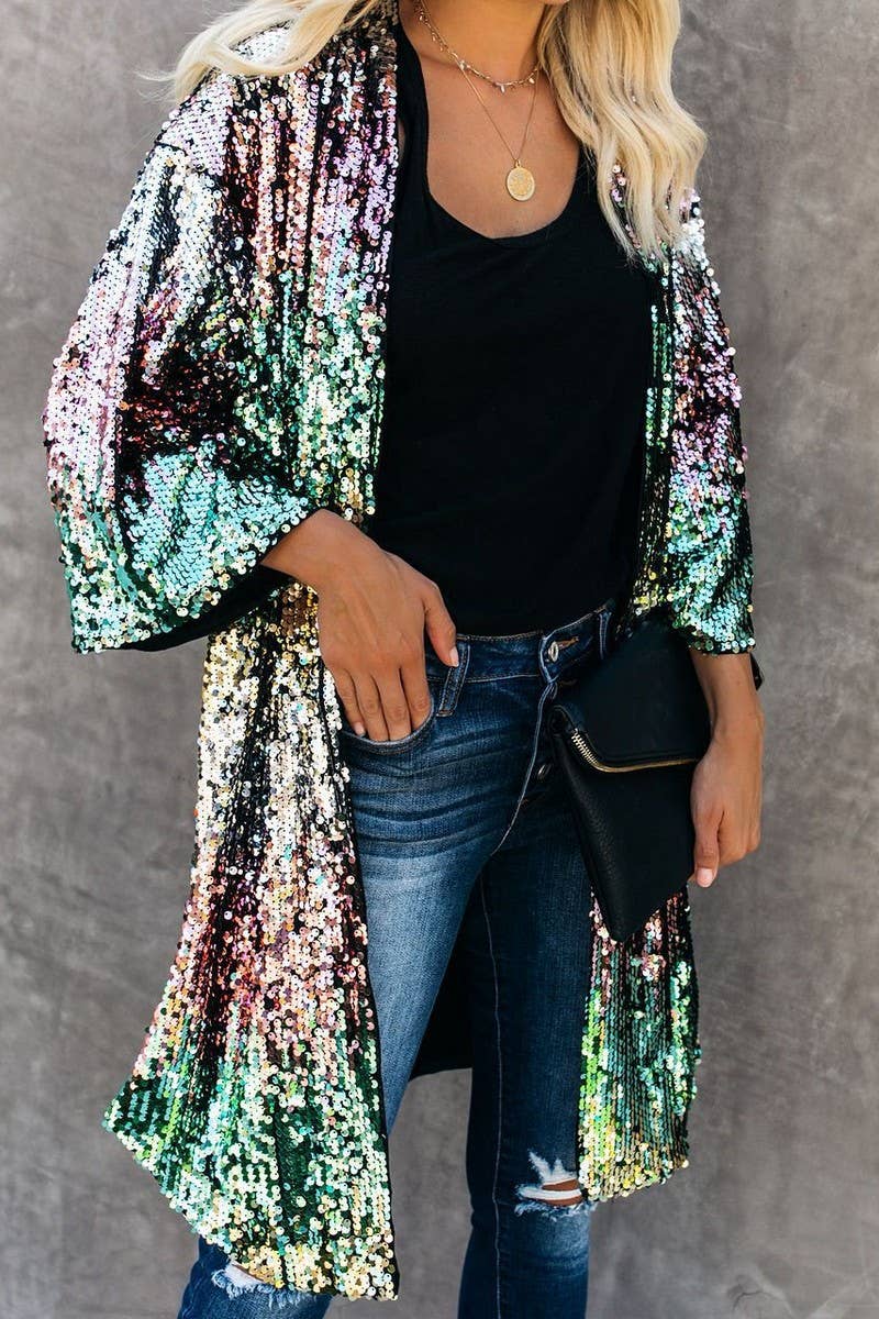 CWOCO1127_COLORFUL SEQUIN CARDIGAN TRENCH COAT