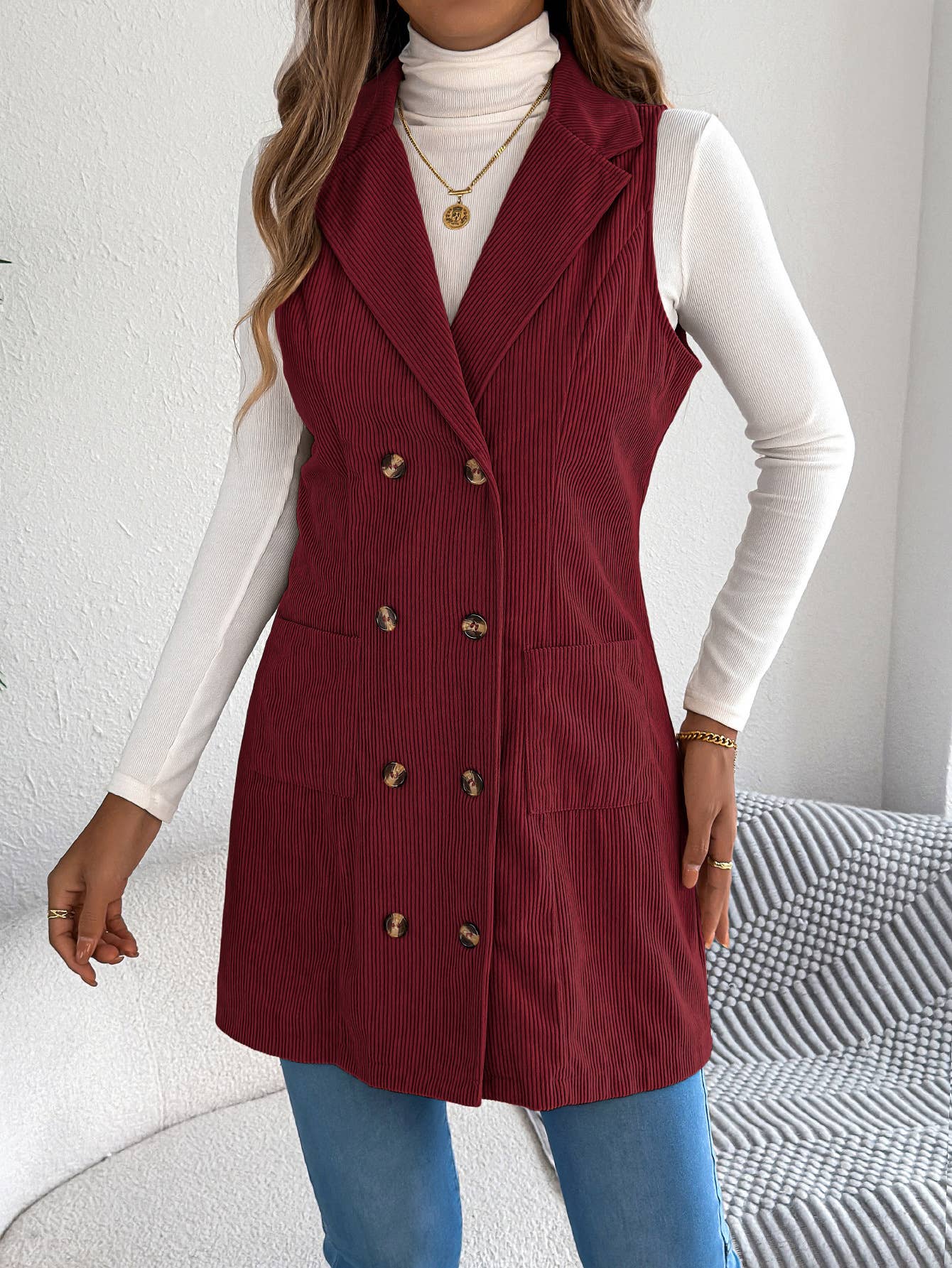 Double-breasted pocket corduroy long vest