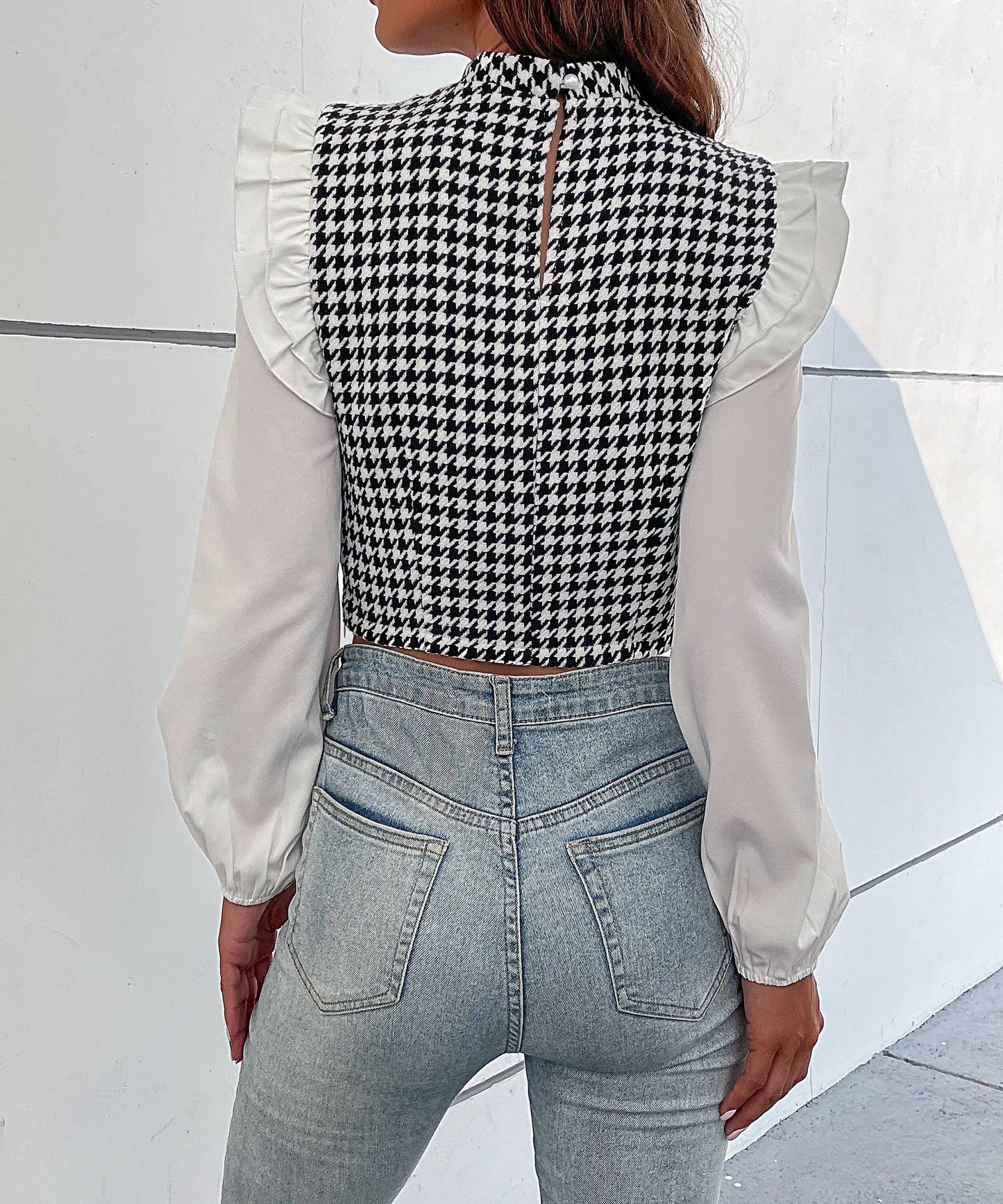 Checkered long-sleeved ruffled patchwork shirt