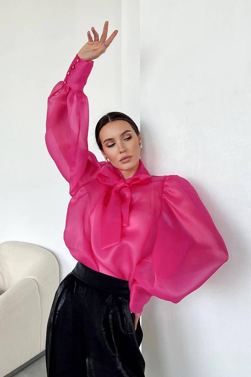 CWTSTL2579_PUFF SLEEVE BOWKNOT SEE-THROUGH LONG SLEEVE TOP