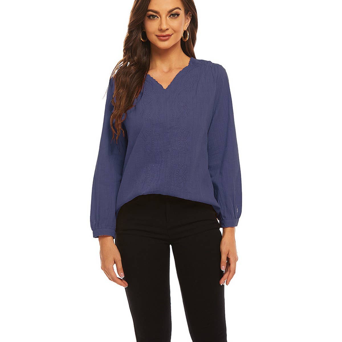 Cotton linen V-neck loose long-sleeved casual top