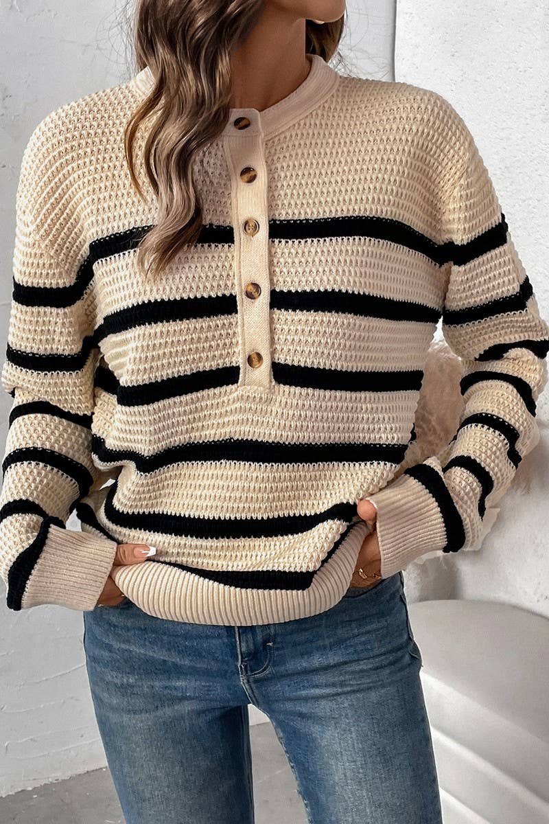CWOSWL6835_AUTUMN BUTTON-DOWN STRIPED LOOSE SWEATER