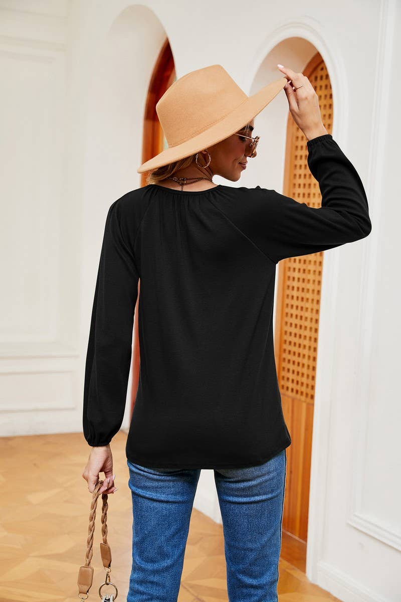 CWTBLL2370_LONG SLEEVE V NECK PLEATED LOOSE PULLOVER
