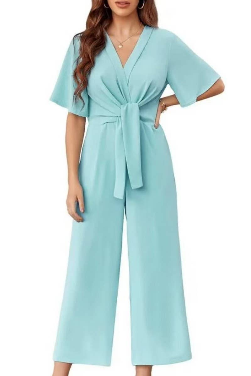 CWSJS1693_SOLID COLOR V-NECK SHORT SLEEVE JUMPSUIT