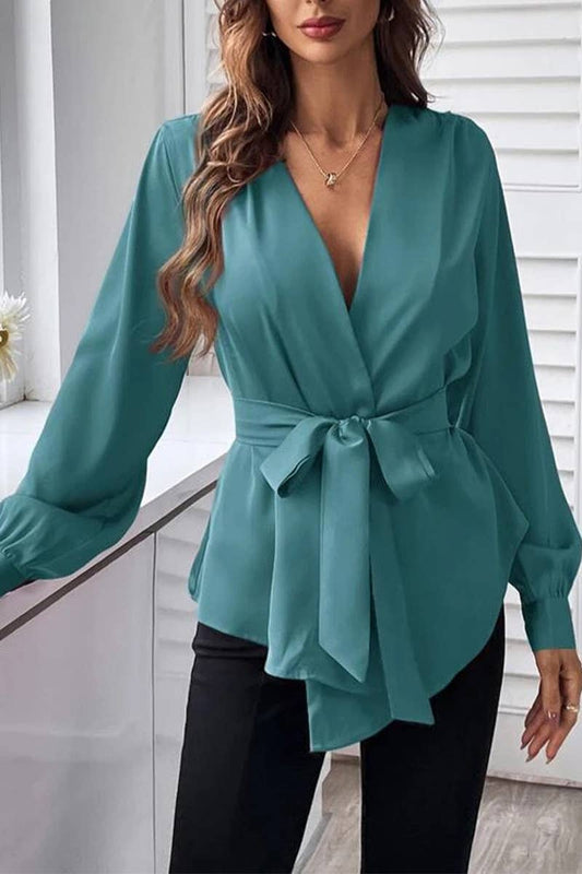 CWTBLL3934_V-NECK SOLID COLOR DRAWSTRING ASYMMETRIC HEM SHIR