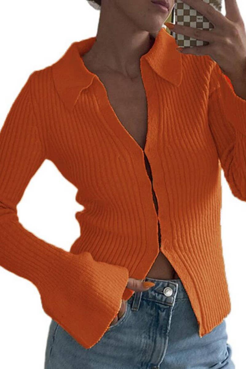 CWOCAL2221_SOLID COLOR LAPEL BELL SLEEVE KNIT CARDIGAN TOP