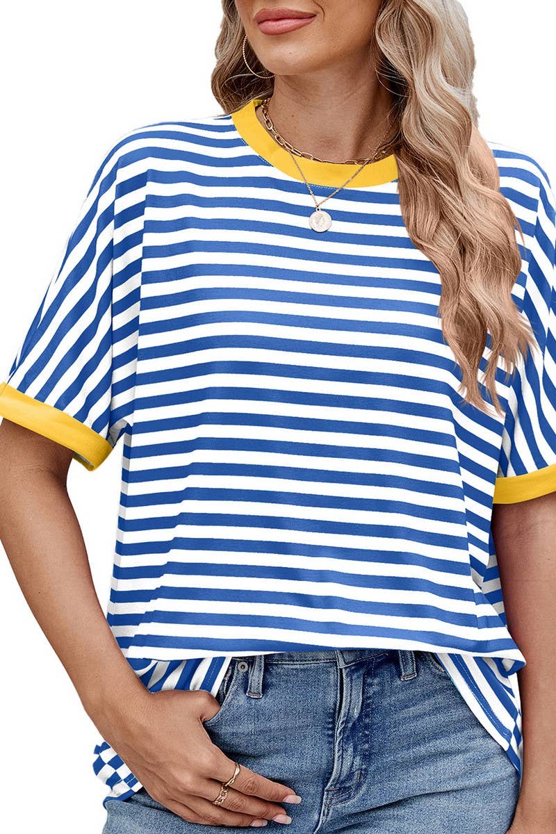 CWTTS1299_LOOSE STRIPED COLORBLOCK CREW NECK T-SHIRT TOP