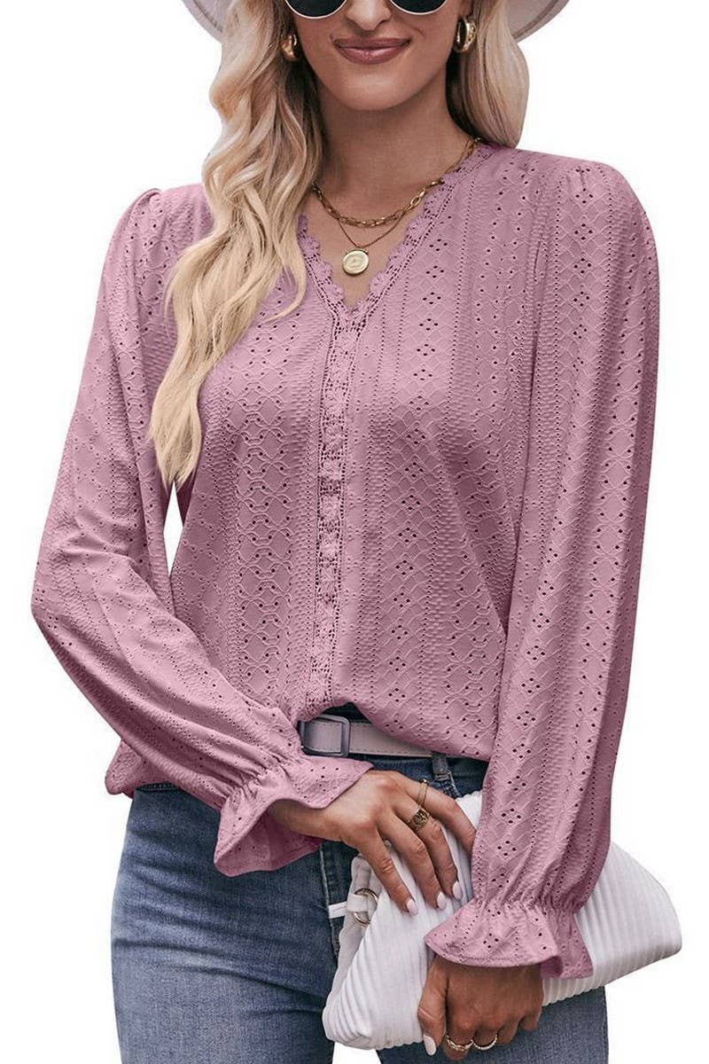 CWTBLL3761_SOLID COLOR RIPPED LACE V-NECK LONG-SLEEVED T-SHI