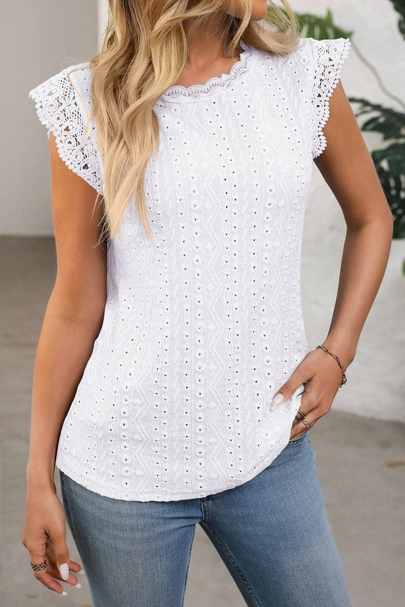 CWTBLS1619_SOLID COLOR ROUND NECK LACE STITCHING HOLLOW TOP