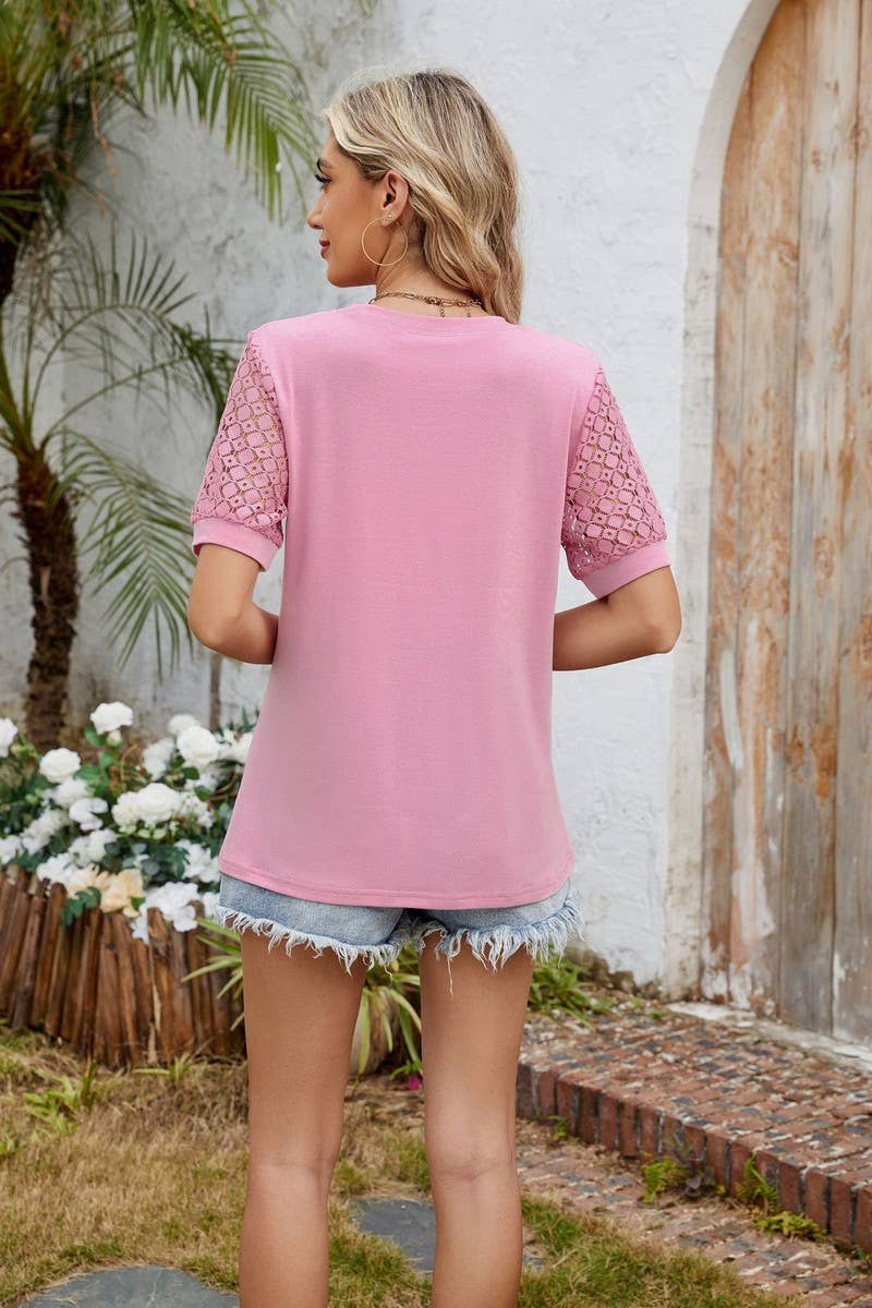 CWTBLS1726_SOLID COLOR ROUND NECK LACE SLEEVE T-SHIRT TOP