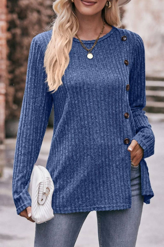CWOSWL6468_CREW-NECK LONG-SLEEVED SWEATER WITH SPLIT BUTTONS