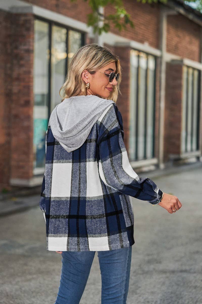 CWOCO1102_CASUAL LOOSE MID-LENGTH PLAID HOODED COAT