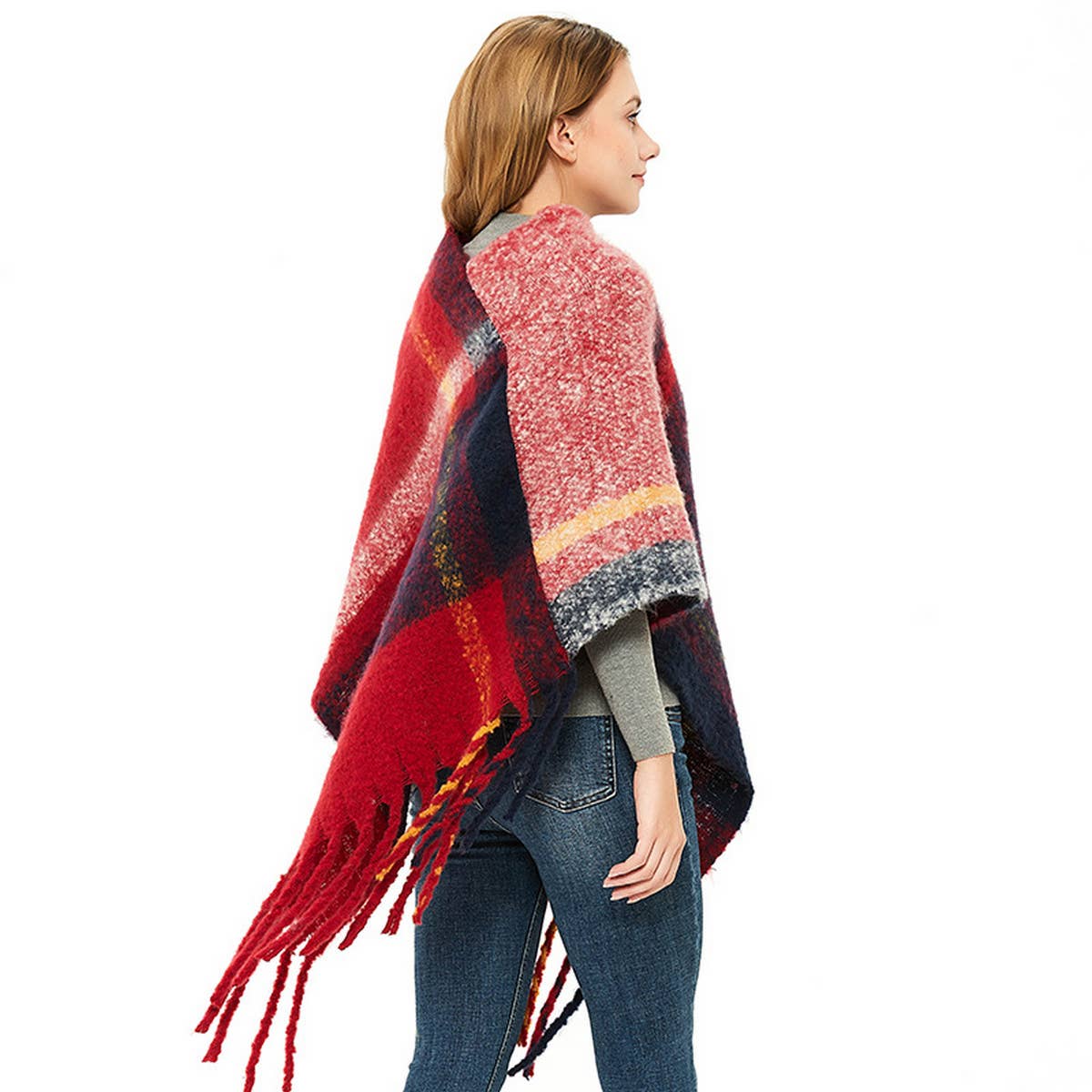 THICK TASSEL COLOR MATCHING PULLOVER CAPE SHAWL