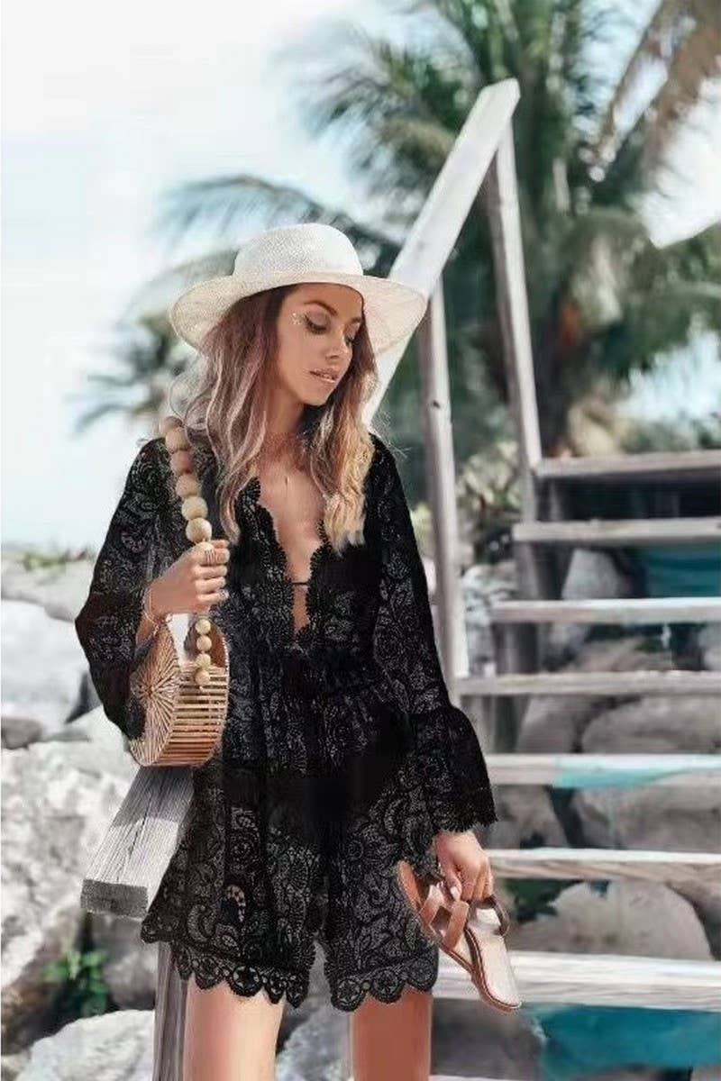 CWDSD10561_V-NECK LACE BIKINI BEACH COVER-UP DRESS